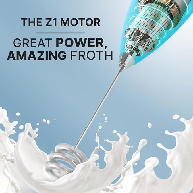 Zulay Powerful Milk Frother for Coffee with Upgraded Titanium Motor - Handheld Electric Whisk, Milk Foamer, Mini Mixer & Coffee Blender for Frappe, Latte, Matcha, No Stand - Pacific Blue