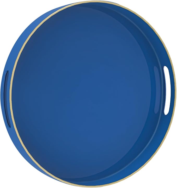 13" Blue Decorative Tray, Plastic Round Serving Tray with Handles | Decorative Tray for Coffee Table, Modern Ottoman Tray, Circle Tea Tray, Round Melamine Tray for Living Room, Bathroom