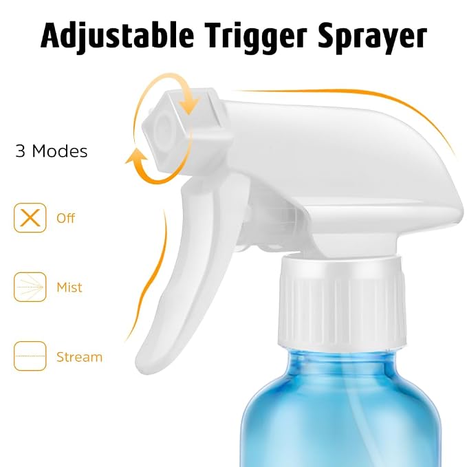 Small Glass Spray Bottle 4 OZ, 2 Pack Empty Blue Glass Spray Bottles | Empty Spray Bottles for cleaning, Plants, Pets, Hair, Durable Spray Nozzle, Fine Mist, Labels, Funnel, Pipettes, Reusable