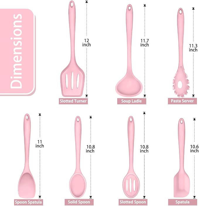 P&P CHEF Pink Kitchen Utensils, Silicone Cooking Utensil Set of 7 | Soft Spatula for Nonstick Cookware, Slotted Turner, Soup Ladle, Pasta Server, Spoon for Cooking, Dishwasher Safe & Heat Proof