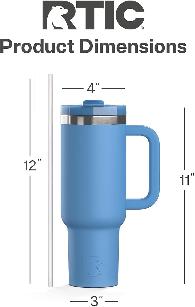 RTIC 40 oz Road Trip Tumbler Double-Walled Insulated Stainless Steel Portable Travel Coffee Mug Cup with Lid, Handle and Straw, Denim