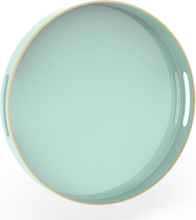 13" Mint Green Decorative Tray, Round Serving Tray with Handles | Plastic Decorative Tray for Coffee Table, Modern Ottoman Tray, Circle Tea Tray, Round Melamine Tray for Living Room, Bathroom