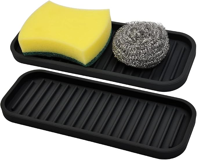 Silicone Sponge Holder for Kitchen Sink - Kitchen Soap Tray & Sponge Tray | Silicone soap dish, soap holder, dish sponge holder dish scrubber, soap dispenser tray, kitchen sink organizer, 2 pack black