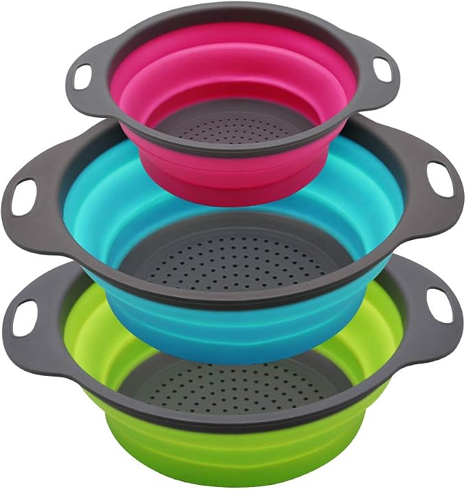Qimh Collapsible Colander Set of 3 Round Silicone Kitchen Strainer Set - 2 pcs 4 Quart and 1 pcs 2 Quart- Perfect for Draining Pasta, Vegetable and fruit (green,blue, purple)