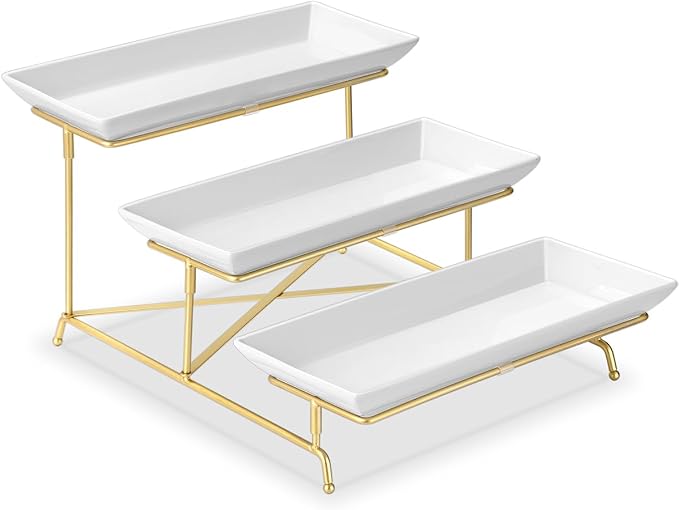 3 Tier Serving Tray Set 14 Inch Porcelain Tiered Serving Platters, Collapsible Sturdier Stand with Stable Cross Bars, Three Layer Serving for Party Entertaining Food Display Fruit Dessert