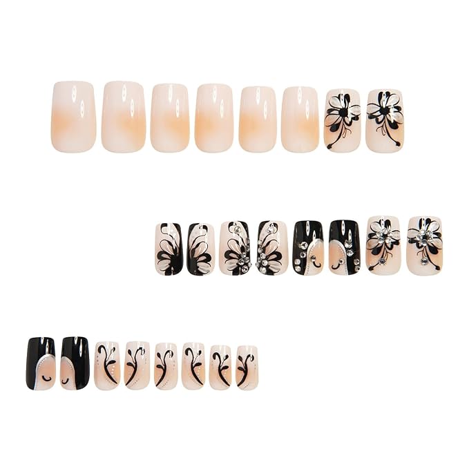 24Pcs Summer Press on Nails Short Square Fake Nails Press ons Nail Art Tips with 3D Rhinestones Design Acrylic Glue on Nails Full Cover Black Butterfly Flower False Nails for Women Manicure