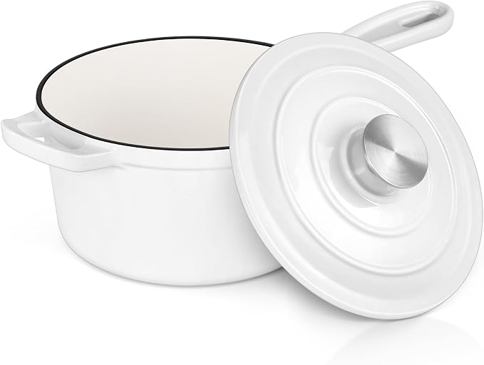 E-far Enameled Cast Iron Sauce Pan, 2 Quart Dutch Oven Saucepan with Lid, Small Sauce Pot for Cooking, Boiling, Healthy & Non Toxic, Induction & Oven Safe, White