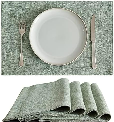 JINCHAN Linen Textured Placemats Set of 4 Farmhouse 13x19 Heathered Green | Fabric Placemats, Cottage Style, Double-Layer One-Piece Design, Reversible Solid Color, Machine Washable, Reusable