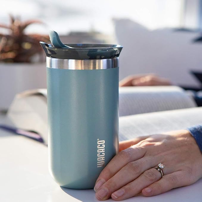 WACACO Octaroma Lungo Vacuum Insulated Coffee Mug, Double-wall Stainless Steel Travel Tumbler With Drinking Lid, 10 fl oz(300ml), Cadet Blue