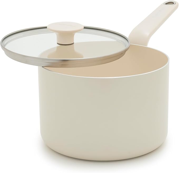 GreenPan Rio Advanced 2QT Saucepan with Lid, Ceramic Nonstick PFAS-Free Pans, Induction Ready, Dishwasher and Oven Safe, Cream White