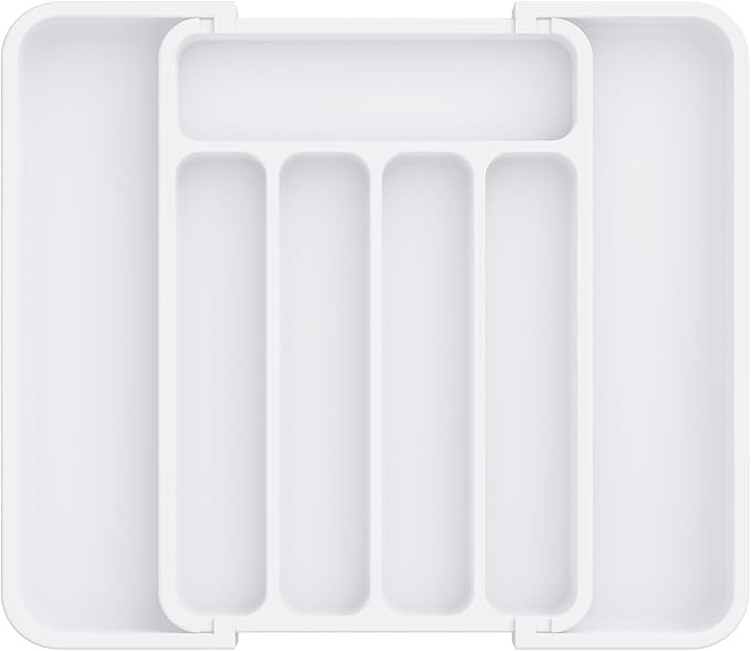 Aujen Silverware Drawer Organizer, Adjustable Utensil Cutlery Tray | Expandable Kitchen Organizer for Forks Knives, Multipurpose Kitchen Storage , Apartment Essentials, White, Medium