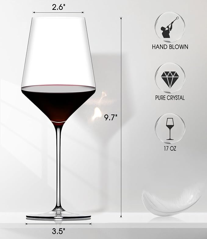 OJA Wine Glasses Set, Crystal Red Hand Blown Wine Glass, Set of 4, 17 oz | Long Stem, Thin Rim, Large, Tall, Premium, Perfect for Red or White, Daily Use, Unique Wedding Anniversary or Birthday Gift