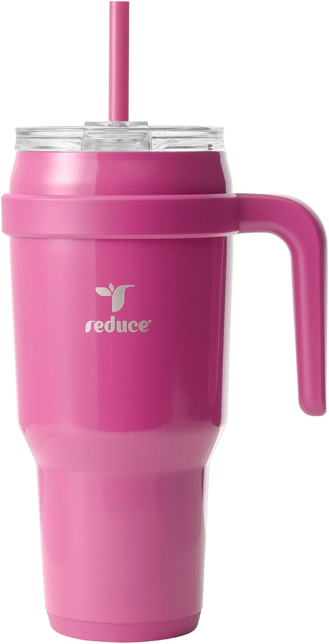 REDUCE 40 oz Stainless Steel Tumbler with Handle - Dual-Wall Vacuum Insulated Travel Mug, Sweat-Proof Lid & Reusable Straw - Keeps Drinks Cold for 24 Hrs, Fits Cupholders, Dishwasher Safe - Sangria