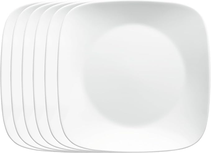 Corelle Vitrelle 6-Piece Salad Plates Set, Triple Layer Glass and Chip Resistant, Lightweight Square 9-Inch Plates, White