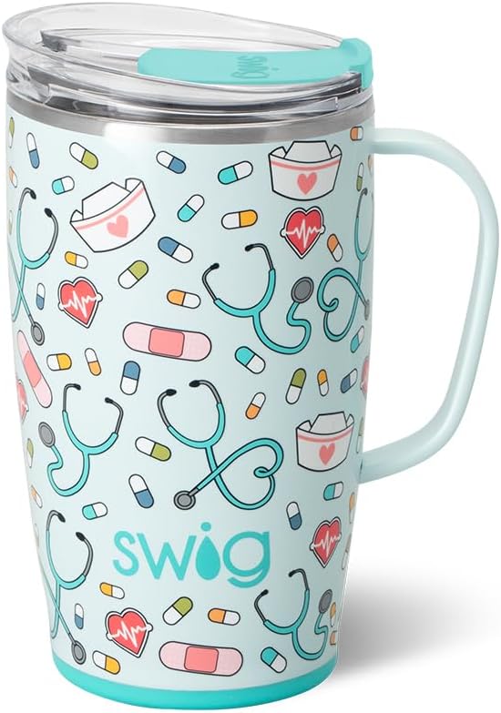 Swig Life 18oz Insulated Travel Mug with Handle & Lid, Scrub Life | Triple Insulated Stainless Steel - Handle & Lid Included - Keeps Coffee Hot or Cold - Cup Holder Friendly