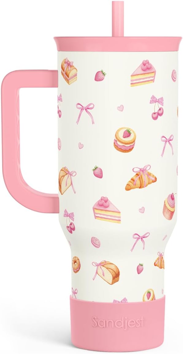 SANDJEST Dessert 40oz Tumbler with Handle and Straw, Insulated Stainless Steel Travel Coffee Mug for Women Girls, Gift Idea for Birthday Christmas Mothers Day