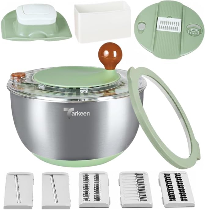 Stainless Steel Salad Spinner with Storage Lid, 5.3Qt, | BPA-Free, 5-in-1 lettuce spinner with non-slip base, dishwasher safe, 5 slicer blades, egg yolk separator, Stop Button