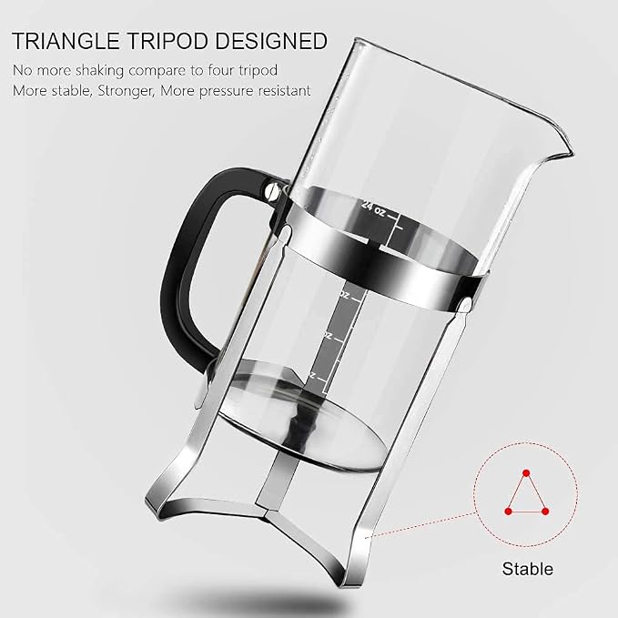 QUQIYSO French Press 34oz, Stainless Steel and Thickened Glass Coffee Maker | 4 Filter Heat-Resistant Borosilicate Glass Coffee Press, Easy to Clean, Suitable for Kitchen Party Camping Gifts(Silver)