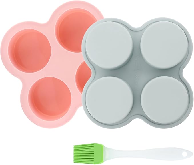 Reusable Silicone Air Fryer Egg Mold, 2 Pcs 4 Cavity Non-Stick Air Fryer Baking Pan with Oil Brush, Silicone Muffin Pans Muffin Cups for Baking, Hamburger Bun Pan(pink,blue)
