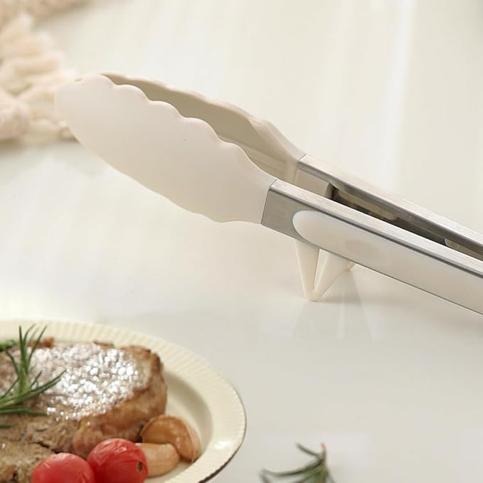 9" Kitchen Tongs for cooking with Silicone Tips, 3Pcs Serving Tongs, White | Small Silicone Tongs mit kickstand, Food Grade, 3 different type of tongs, Stainless Steel