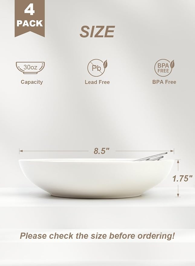 Quatish Pasta Bowls 30oz Set of 4, Salad Bowls Soup Bowl for Kitchen, Microwave & Dishwasher Safe, Large Porcelain Wide and Shallow Serving Bowl, White Dinner Plates, Dinnerware Set, Gift