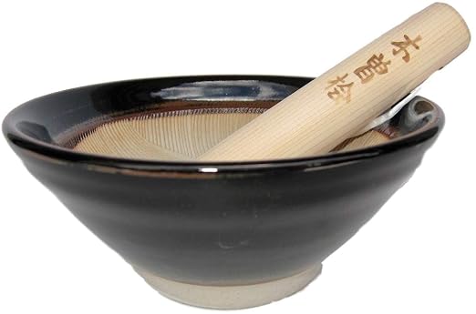 Made in Japan Mino Ware Ripple Ridge Mortar & Pestle (Suribachi & Surikogi) Set Small 5.91inches, for Both Right and Left Handed, Pottery Black TR53626 (Small Black)