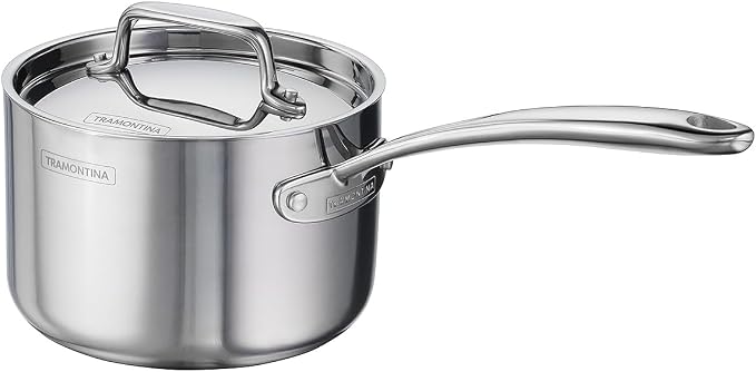 Tramontina Utsava Tri-Ply Clad Stainless Steel 2.2-Quart Sauce Pan with Lid | Ceramic Non Stick Interior, Induction-Ready Small Saucepan