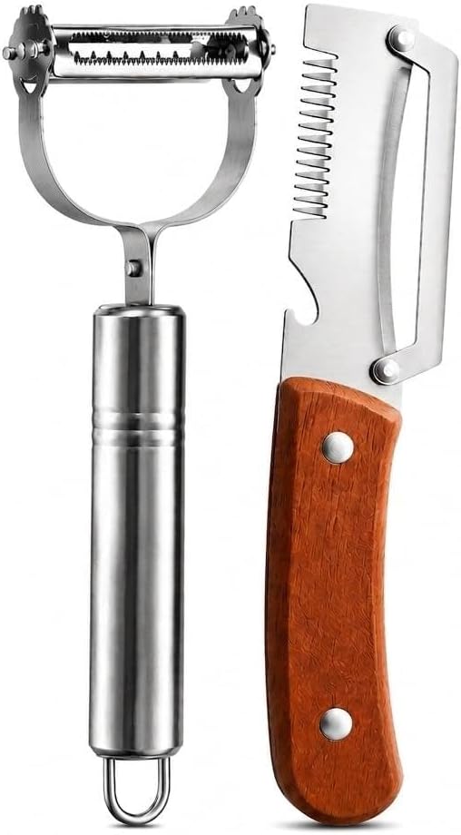 2PCS Multifunctional Julienne Vegetable Peeler for Potato Carrot | Ergonomic Wooden Handle & Bottle Opener, Ultra Sharp Stainless Steel for Kitchen, Veggies, Carrot, Hard Skin Pumpkin, Brown