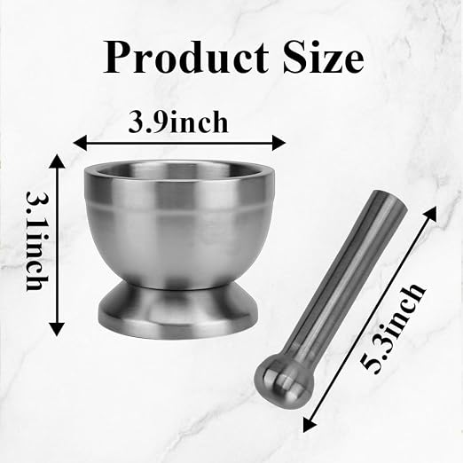 Mortar and Pestle Sets 18/8 Brushed Stainless Steel Spice Grinder, Herb Bowl Pill Crusher and Molcajete for Fresh Ingredients