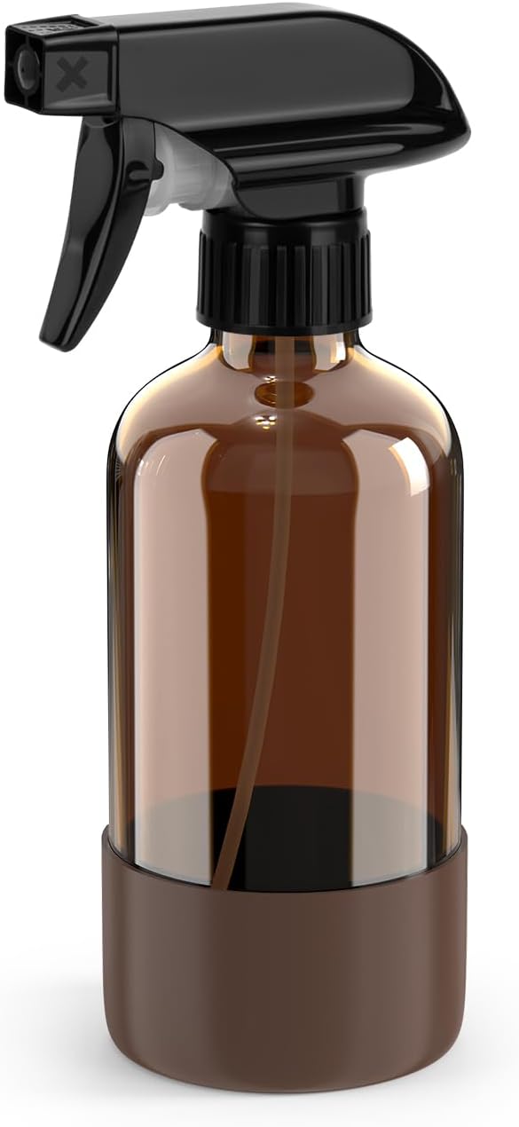 Bontip Amber Glass Spray Bottle, 8 oz with Brown Silicone Sleeve, 1 Pack | Refillable amber glass bottle, With protective silicone sleeve, BPA-free, UV shielding, Great for cleaning solutions,plants