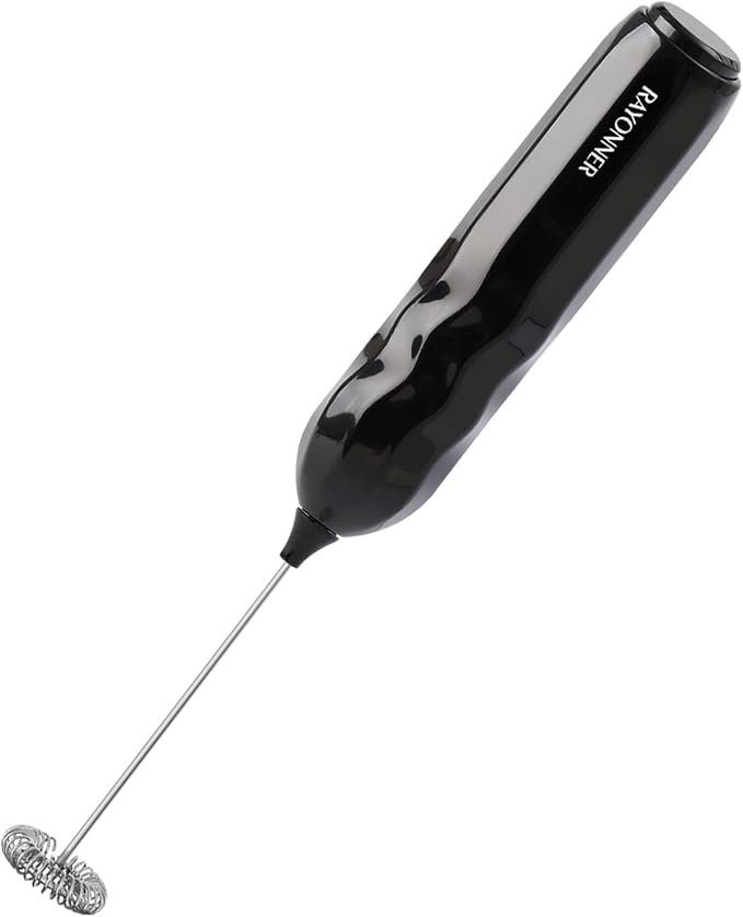 RAYONNER Kitchen Milk Frother Handheld Coffee Frother Foam Maker Black | Fast Powerful Drink Mixer, Stainless Steel Whisk, For Coffee, Battery Operated