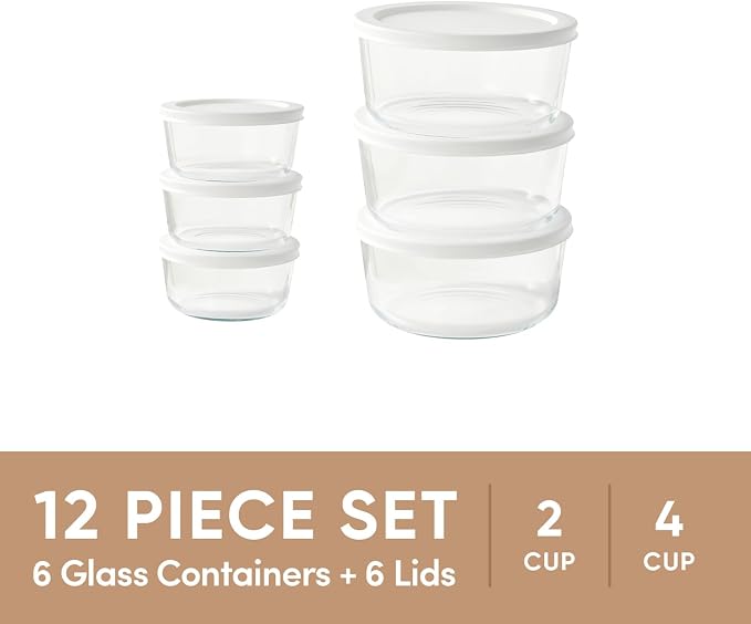 12-Piece Glass Food Storage Containers Set (6 Containers + 6 BPA-Free Lids) | 2-Cup & 4-Cup, Leakproof | Microwave, Freezer, Oven & Dishwasher Safe | Ideal for Meal Prep & Pantry Organization, White