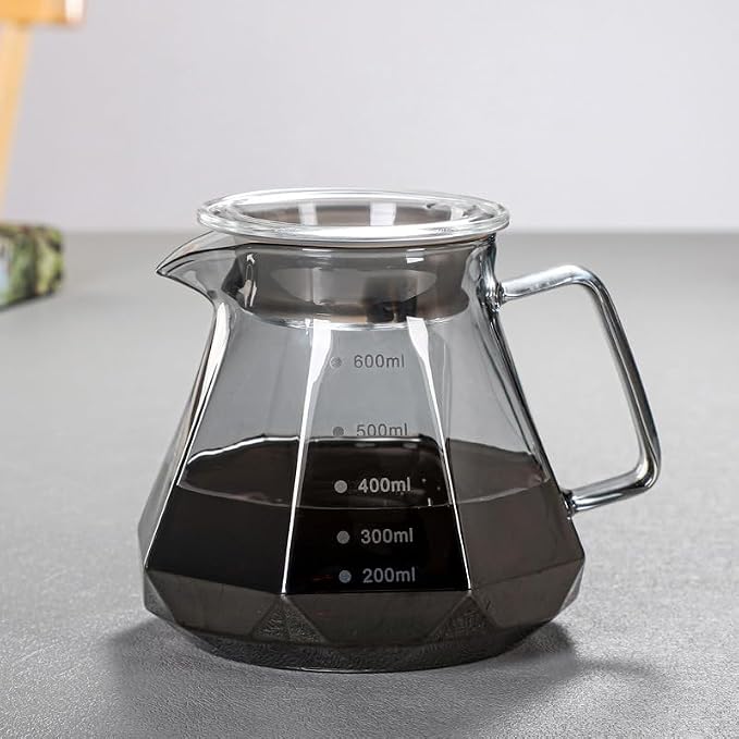 BeeCa Manual pour over coffee maker, Heat Resistant Glass | 20Oz+50 Filters 1-4 Cup, Gray Diamond-Shaped, No plastic taste, Dishwasher safe, Borosilicate glass
