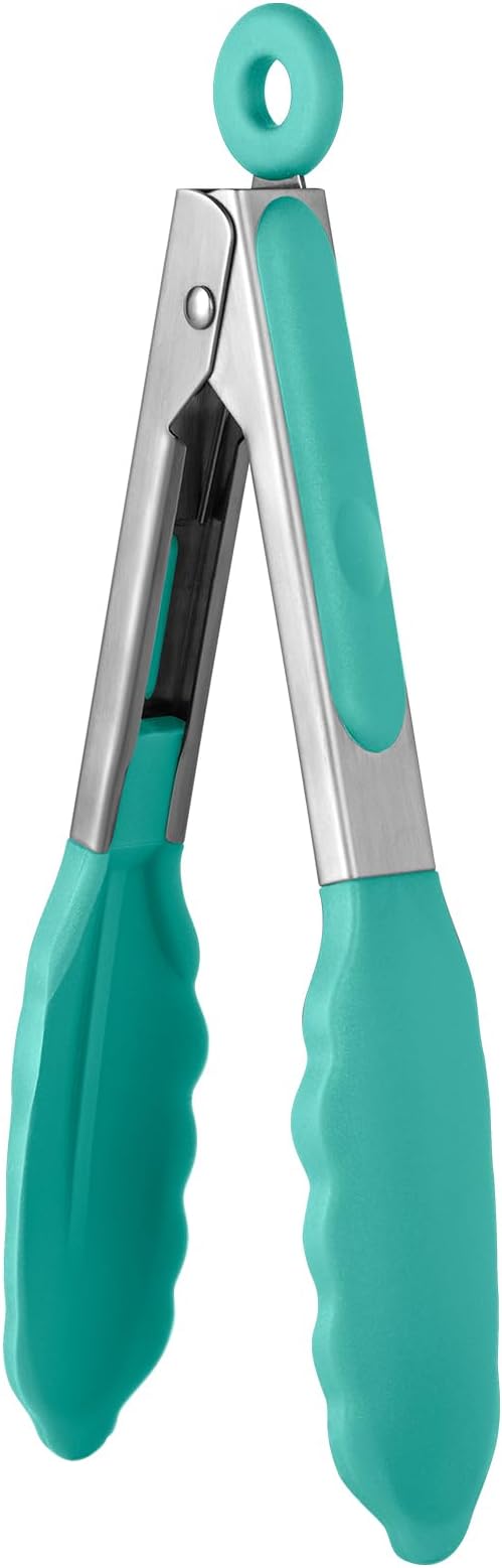 U-Taste Kitchen Tong for Cooking, 600ºF Heat-Resistant Tps, 7in/Aqua Sky | Small Mini Silicon Tongs for Serving Food, Short Salad Thong with Non Stick Rubber Tips & 18/8 Stainless Steel Handle