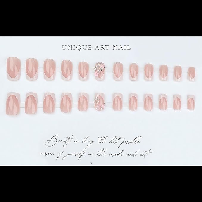 WLGDLH White French Tip Press on Nails Medium Square Fake Nails Press ons Nail Tips Kit with 3D Heart Flowers Design Nude Glossy False Nails Full Cover Glitter Glue on Nail for Women 24Pcs