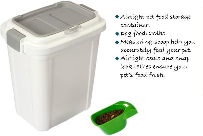 Ashfield & Harkness Airtight Pet Food Storage Container, 23 Qt / 20 Lbs | BPA-free HDPE, slim white/grey design, scoop included, 14.5"x10.5"x17", keeps dry dog & cat food fresh