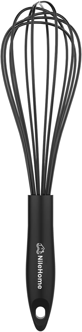 NileHome Silicone Whisk 10" Kitchen Whisk Kitchen Wisk Wire Whisks for Cooking, Whisking, Blending, Beating, Stirring-Black