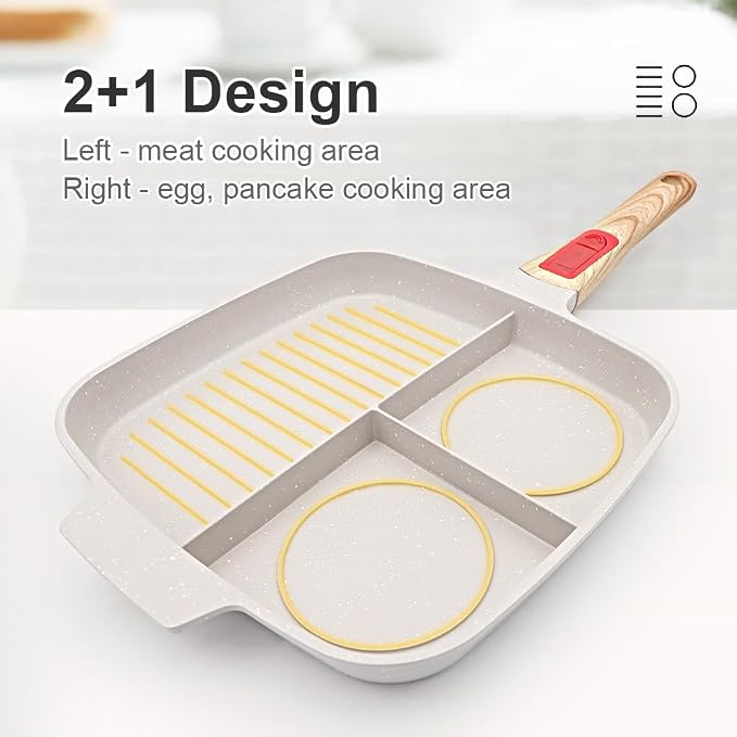 Nonstick 3 Section Grill Pan for Stove Tops, White | Detachable Handle, Versatile Griddle Pan with Lid, Square Skillet PFOA Free