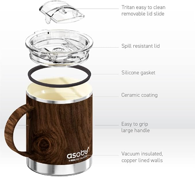 asobu Ultimate Stainless Steel Ceramic Inner Coating Coffee Mug with Double Walled Copper Lining Insulation, 12 Ounces -(Wood)