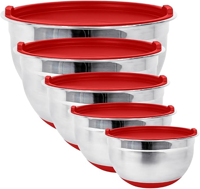 Stainless Steel Mixing Bowls with Lids and Non Slip Bases (Set of 5, Red)