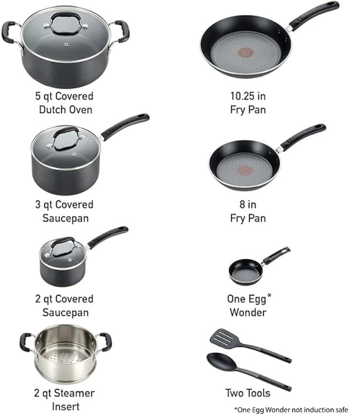 T-fal Experience Nonstick Cookware Set 12 Piece, Induction, Oven Broiler Safe 350F, Kitchen Cooking Set w/Fry Pans, Saucepan, Stockpot, Kitchen Utensils, Pots and Pans, Dishwasher Safe, Black