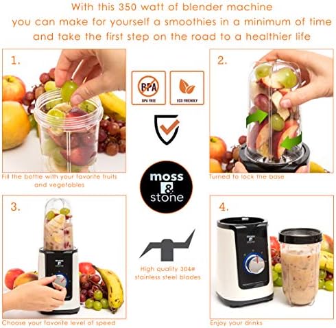Moss & Stone Personal Smoothie Blender, Single Serve Blender for Shakes & Protein, 17oz Blend Cup & 10oz Grind Cup, Compact Mini Design for Home, Office, Gym & Travel