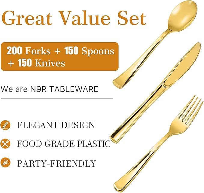 500PCS Gold Plastic Silverware, Disposable Plastic Cutlery/Utensils | Heavy Duty Flatware Kit, 200 Forks, 150 Spoons, 150 Knives, for Party, Wedding, Birthday & Everyday Use