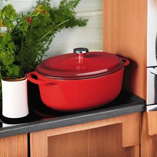 Lodge Oval Dutch Oven - Enameled Cast Iron Oval Dutch Oven with Lid - Family Size Cooking Pot with Dual Handles for Sourdough Bread Baking & Everyday Cooking - 7 Quart - Red