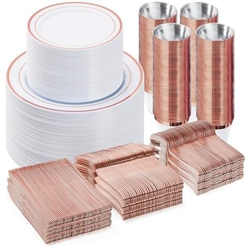 BESTVIP 600PCS Rose Gold Dinnerware Set for 100 Guests, Plastic Plates | for Party, 100 Rose Gold Disposable Plates, 100 Dessert Plates, 100 Cups, 100 Spoons, 100 Forks and 100 Knives