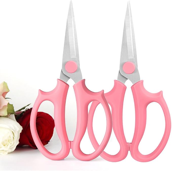 Leize Flower Scissors, Premium Thickened Stainless Steel Floral Shears, Strong Pruner for Flowers, Branches and Leaves (Pink Slender 2pics)