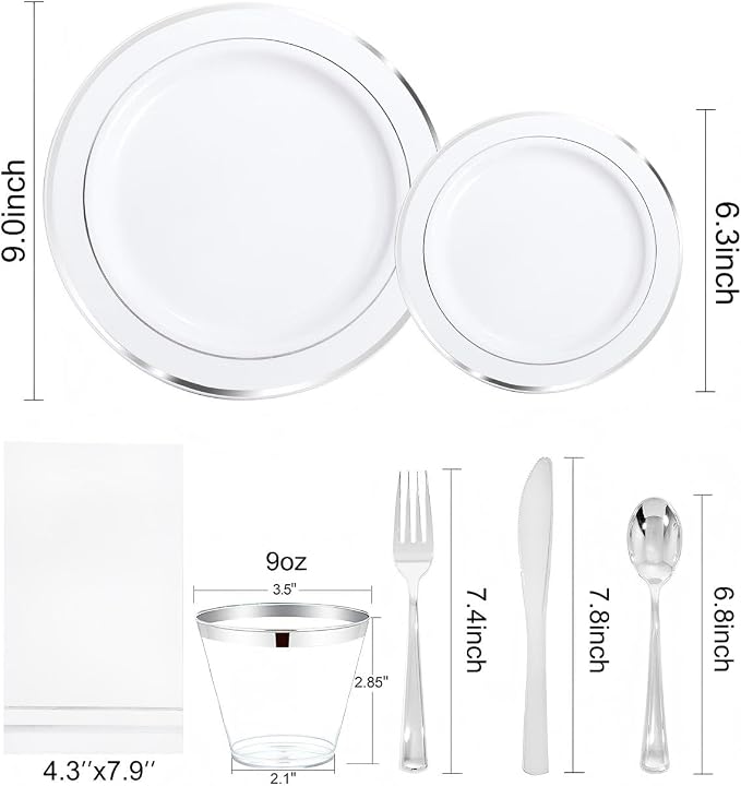 GATHER 350PCS Silver Plastic Plates for Wedding and Party | White and Silver Disposable Plates include 100 Plates, 50 Napkins, 150 Silvery Cutlery and 50 Cups for Anniversary