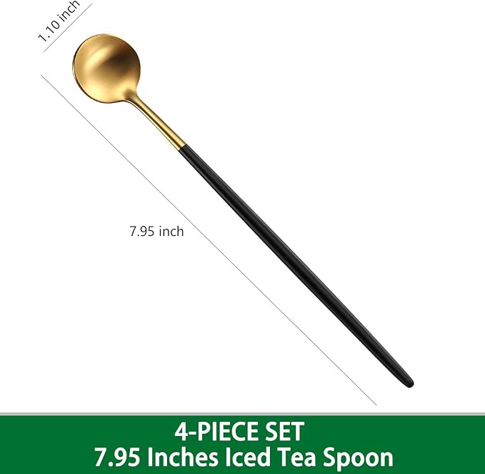DEHOV 7.95 Inches Satin Gold SS18/10 Long Stirring Spoons With Black Handle,Elegant Iced Tea Spoons,Long Handle Mixing Spoons For Coffee,Cocktail,Ice Cream,Milk