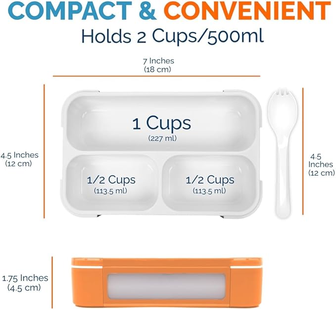 kinsho Snack Container Boxes for Kids Toddlers, 2 Pack Teal Blue & Orange | 3 Compartments, Leak-Proof, Spill Proof, BPA-Free Reusable Small Mini Bento Lunch Box for Daycare School Travel, Holds 2 Cups