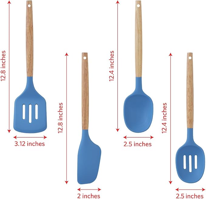 Glad Silicone Kitchen Utensils Set, 8pcs - Nonstick Cooking Tools with Wooden Handles and Utensil Holder - Spatula Set with Turner, Ladle, Spoons, Tongs, and Spaghetti Server - Blue